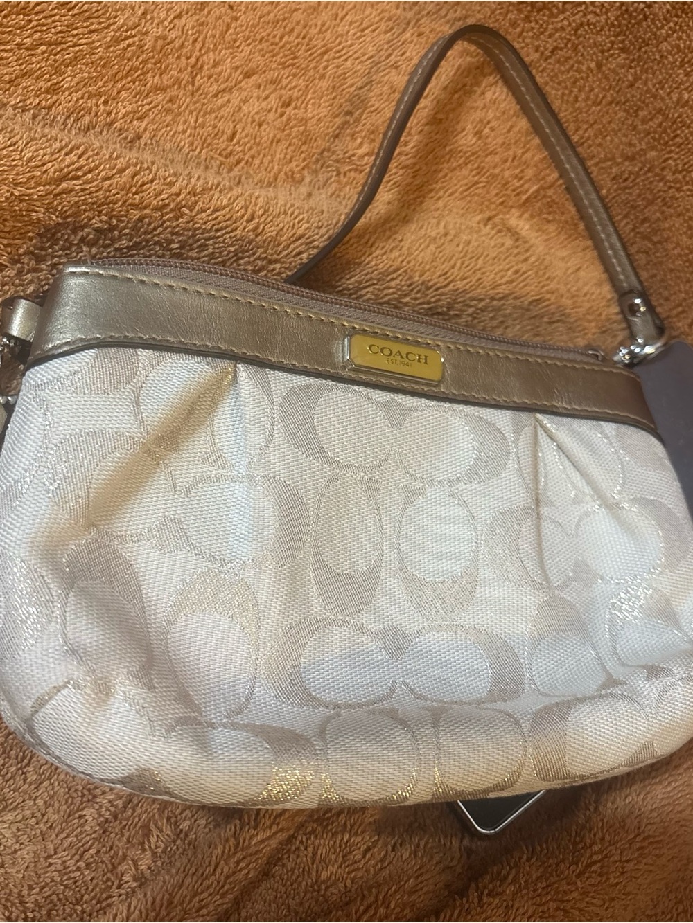 #33 Coach Lurex Pleated Ivory Signature Wristlet with Metallic Gold Trim